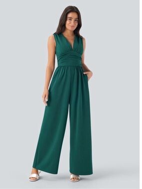 HALARA Deep Teal V-Neck Sleeveless Jumpsuit